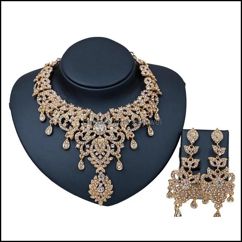 leaf african bridal jewelry sets for women big crystal statement necklace earrings sets wedding jewelry