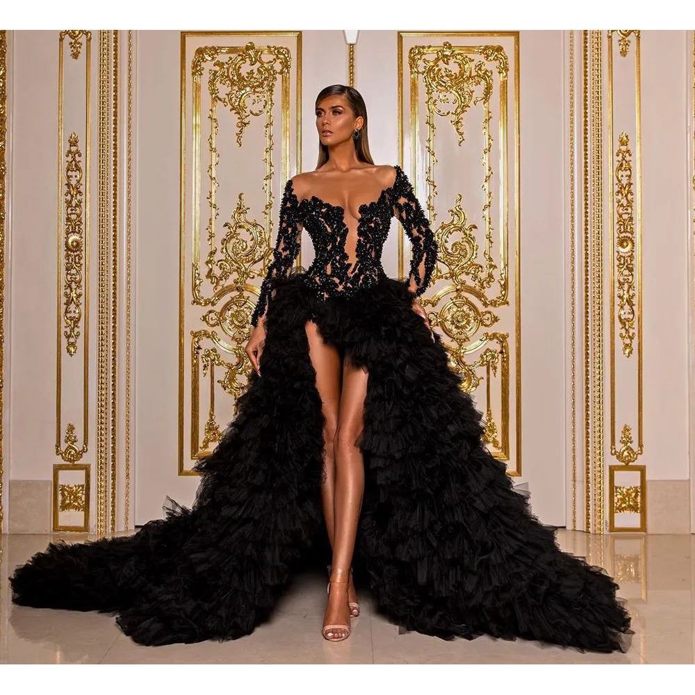 Black Sexy Mermaid Prom Dresses V Neck Hollow Long Sleeves Appliques Sequins Beads Lace Ruffles Train Side Slit Floor Length Party Gowns Plus Size Custom Made