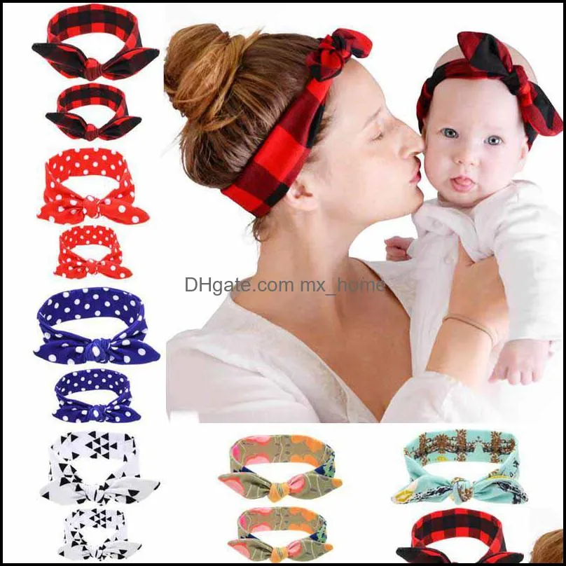 H￥rtillbeh￶r 2pc/set diy Mamma Mother Girl Rabbit Ears pannband Plaid Bow Hairband Turban Knot Headwrap Drop Delivery 2021 Baby DHC9P