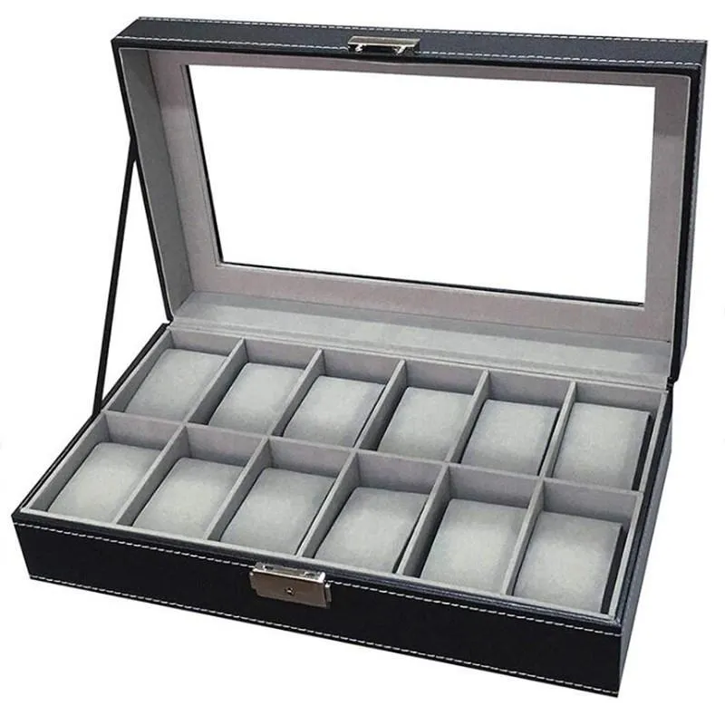 Cajas para relojes, caja de 12 rejillas de cuero PU, estuche protector interior gris, organizador equipado con un candado con palabra, joyería, regalo para mujer