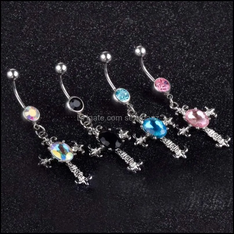 stainless steel belly dangle ring cross bell button navel rings simple design rhinestone body piercing fashion jewelry wholesale