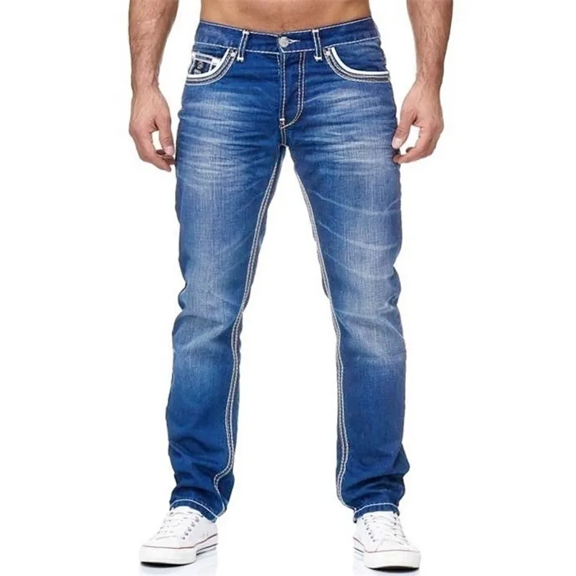 Män Jeans Solida Fickor Sträck Straight Pants Denim Smart Casual Trousers Daily Streetwear Herrkläder 220328