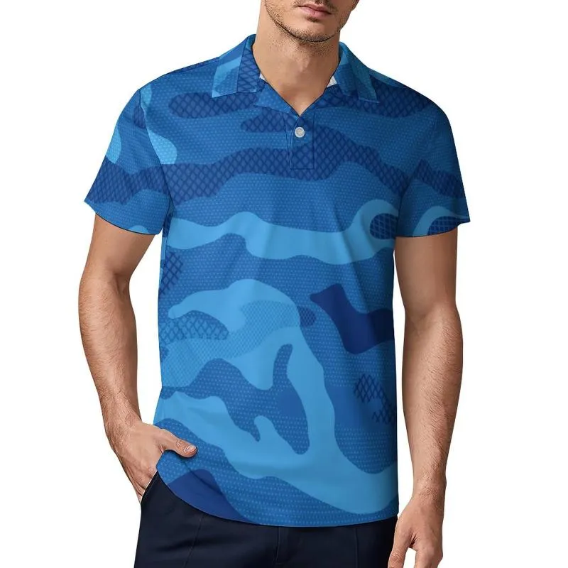 Men's Polos Blue Camouflage Casual T-Shirts Military Navy Camo Shirts Turn-Down Collar Streetwear Shirt Summer Man -Shirt OversizedMen's Pol