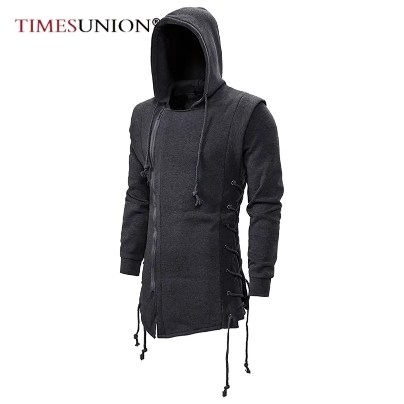 Hoodies Men Fashion Hooded Loose Coat Zipper with Side Lashing Crossed Plus Size Sweatshirt 220406