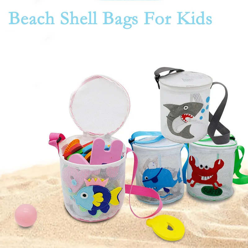 Party Beach Shell Bags for Kids Seashell Storagebgs with Zipper Kids Sandboxes Cute Cartoon Sea Animal Embroidery Whale Shark Cylinder Sand Toy Net Bag