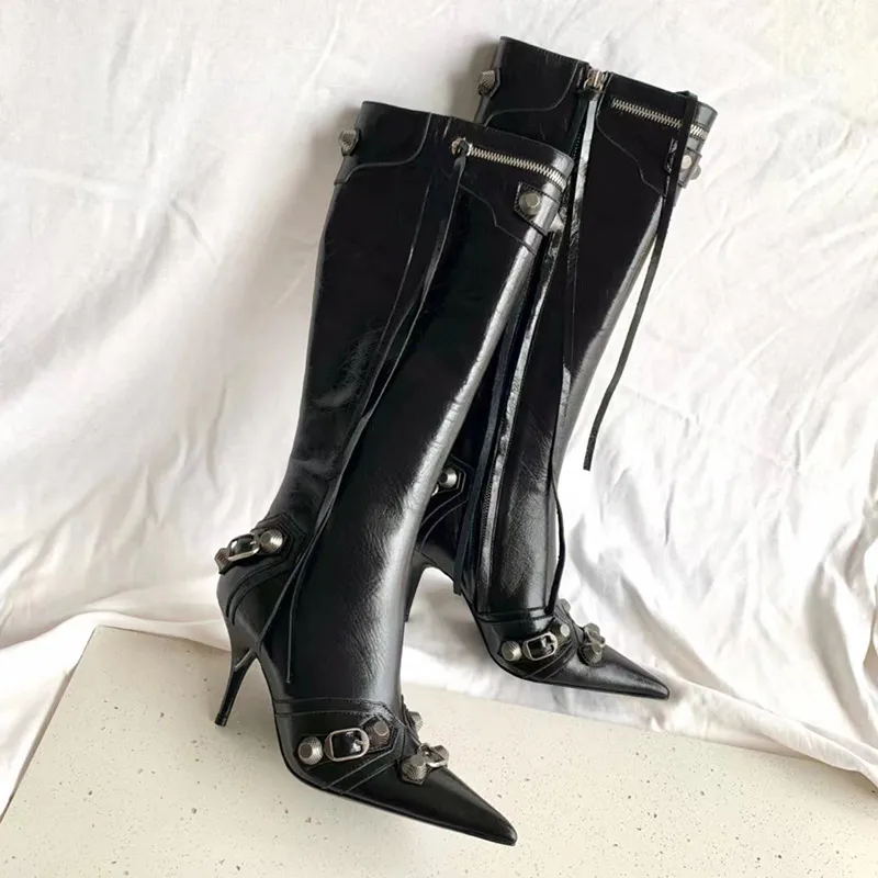 Bottes En Cuir Véritable Genou Haute Cagole Designer Femme Mode Rivets Bout Pointu Noir Martin Boot Luxueux Longs Chaussons Chaussures EU45