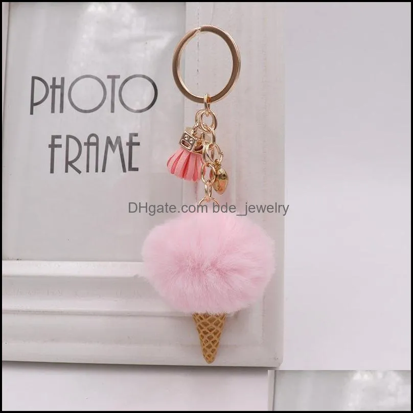 ice cream keychain cute bag cartoon key rings imitation rex rabbit fur plush pendant cone car hair ball bag accessories keychains