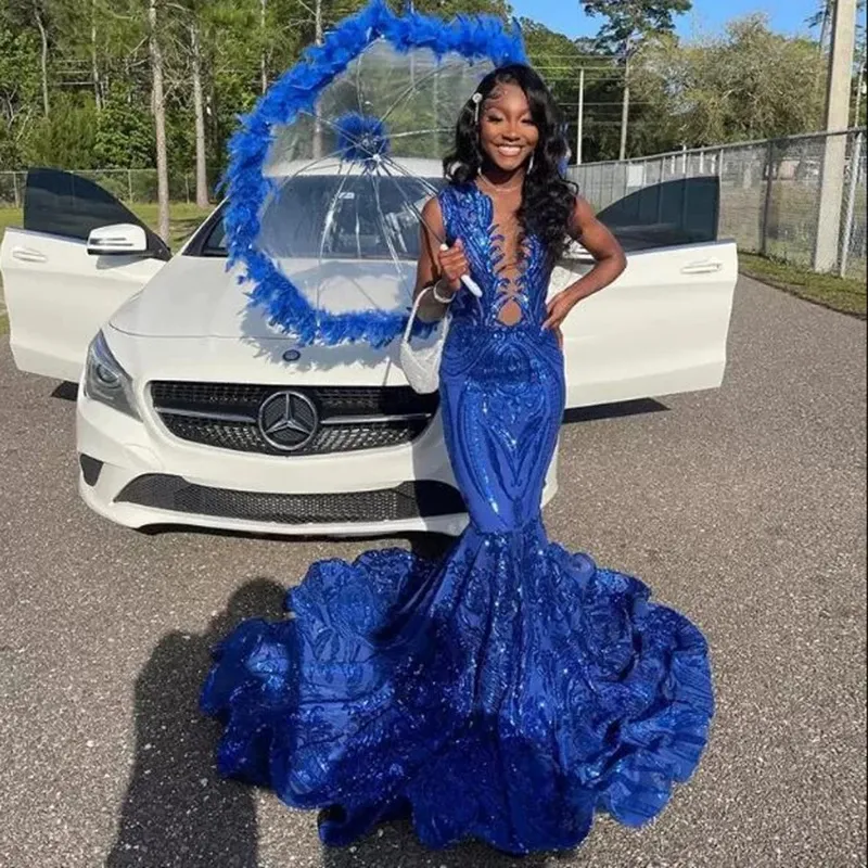 Sparking Royal Blue Sequind Prompes Leer o Sece African Women Party Party Gother Goot Good Mermaid Evening Dress Aso ebi Styles
