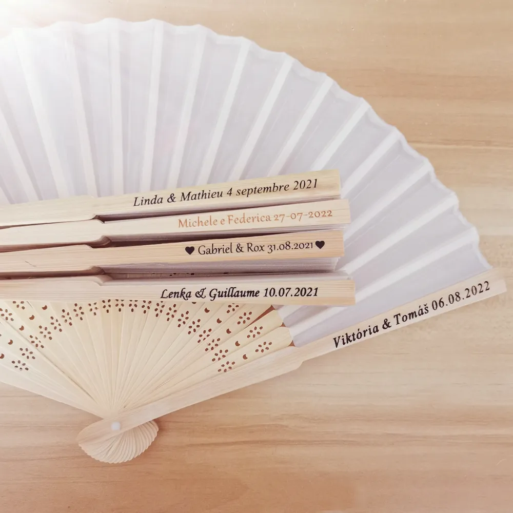 40 pc's/veel gepersonaliseerde afdruk gravemide bruiloft gunst zijden fan aangepast naam doek hand fan cadeau