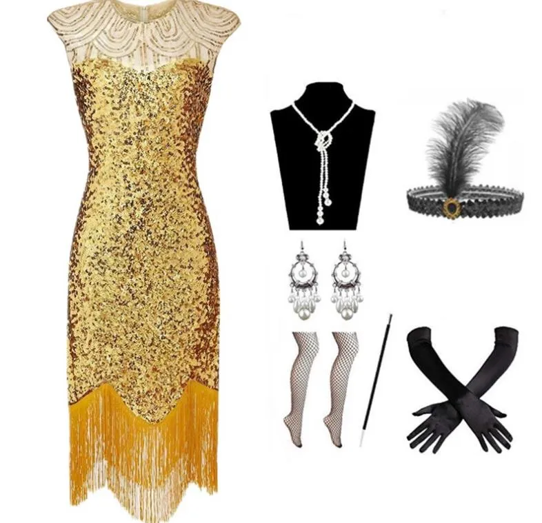 Années 1920 Robe Femmes Gatsby Thème Bal Costume Fête Paillettes À Franges Flapper Robes avec 20s Accessoires Résille Bas Bandeau Gants Boucles D'oreilles Collier Ensemble Plus