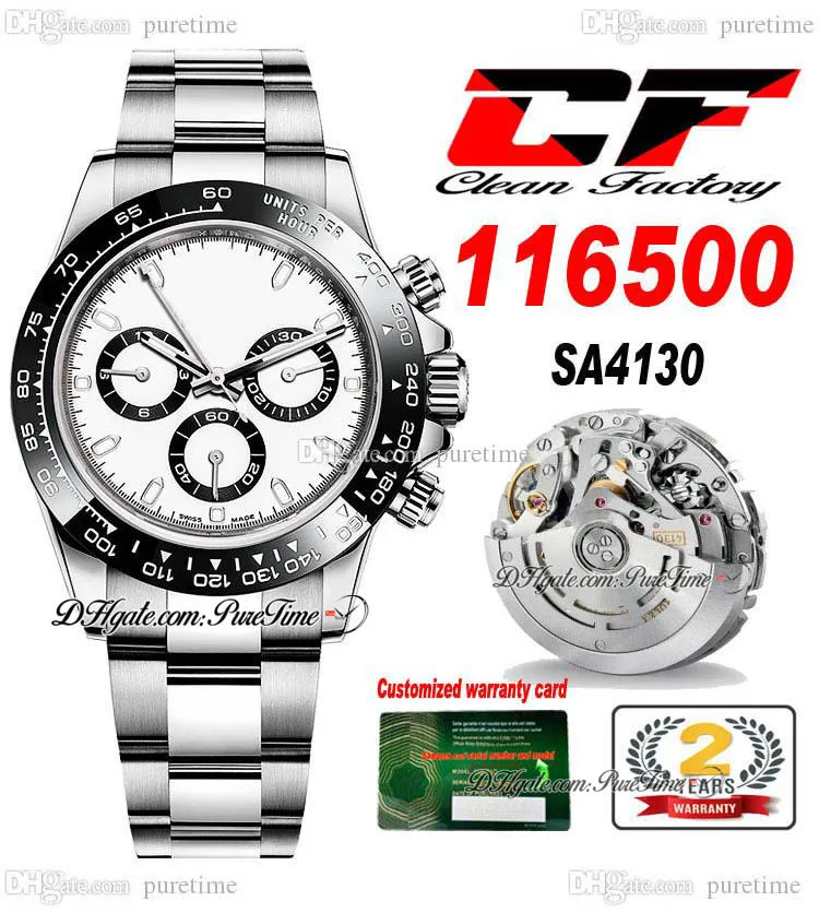 Clean CF 116500 SA4130 Montre Homme Chronographe Automatique V3 Lunette Céramique Noire Cadran Blanc Acier 904L Bracelet Oystersteel Super Edition Montres TH 12.5mm Puretime