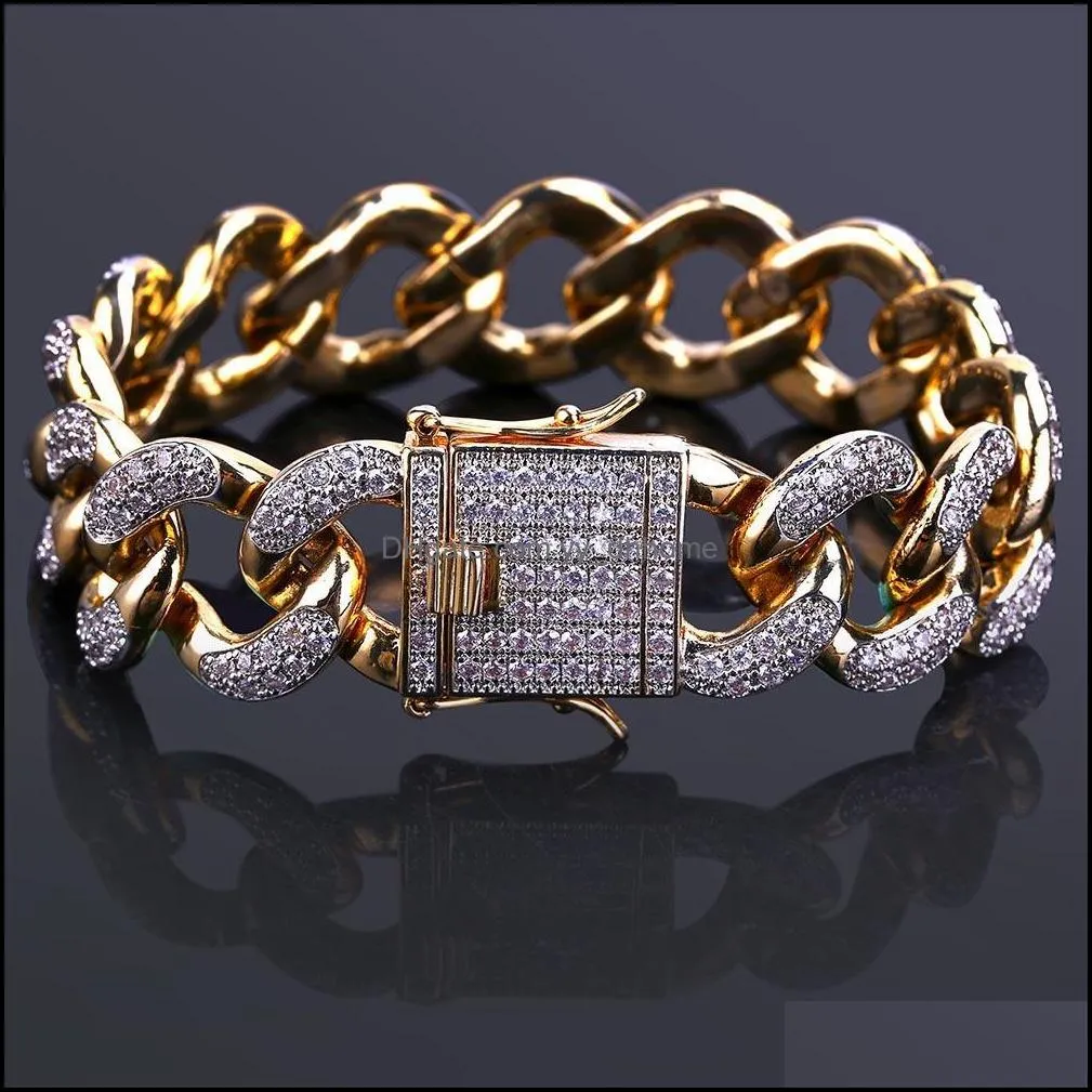 18k real gold planted  cuba link bracelets hip hop full zircon iced out men bracelets