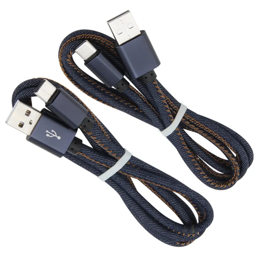 1M USB Type C Snabbladdningskablar Nylon denim flätad mikro V8 -datakabelavgift för Xiaomi Huawei -smartphones