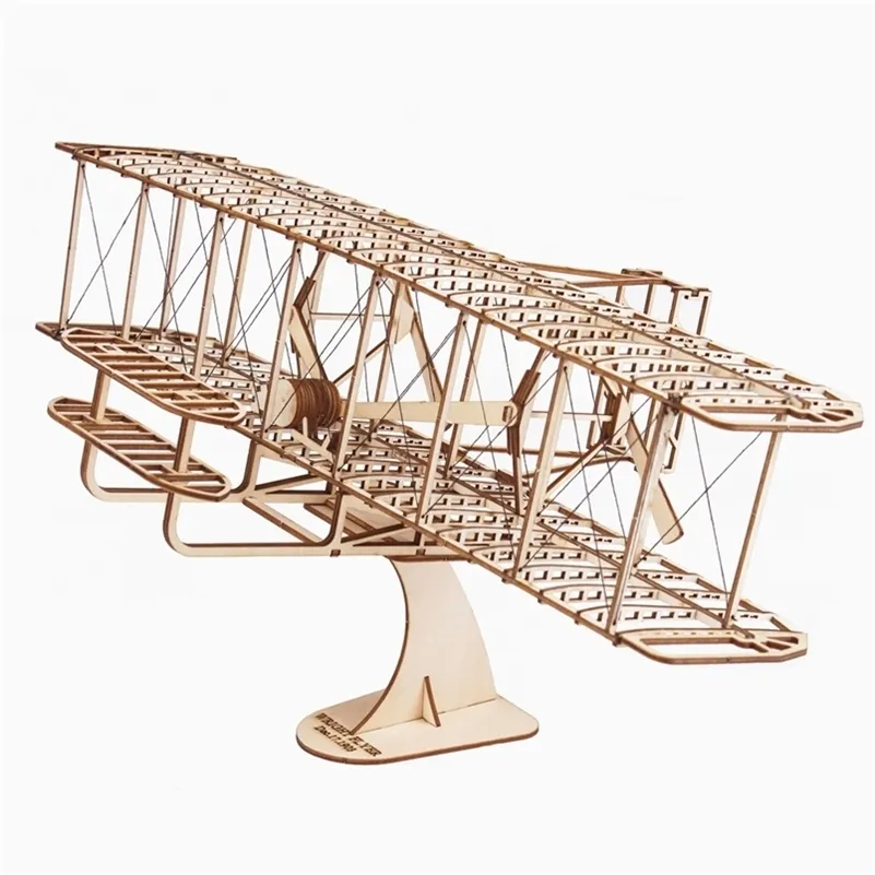 Modello di aeroplano in legno giocattolo kit di costruzione collezione Wright Brothers Flyer aereo 3D puzzle di assemblaggio in legno per bambini adulti 220725