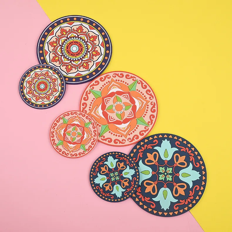 Silikon Masa Paspasları Placemats Retro Baskı Desen kaymaz Yuvarlak Renkli ve Yaratıcı Kupa Coaster Isıya Dayanıklı Kupası Bardakları W4