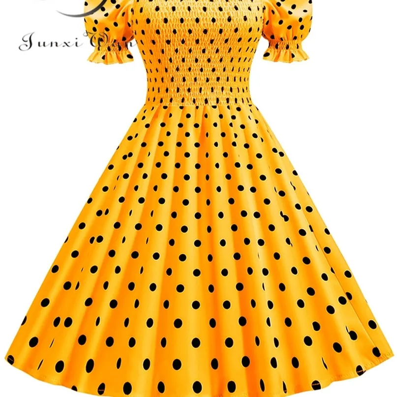 Polka Dot Party Kleid Elegante Frauen Sommer Puff Kurzarm Quadrat Kragen Elastische Taille Vintage Midi Sommerkleid Casual Strand 220426