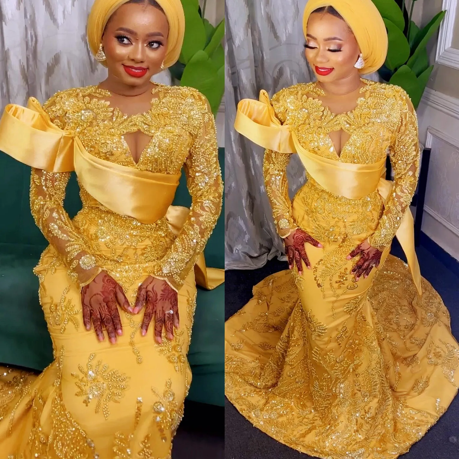 2022 Plus Taille Arabe Aso Ebi Sirène Luxueux Or Robes De Bal Paillettes Dentelle Soirée Formelle Deuxième Réception Anniversaire Robes De Fiançailles Robe ZJ621