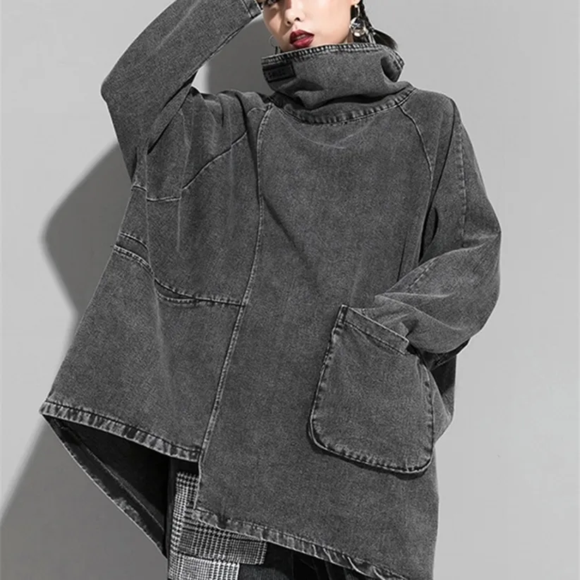 [EAM] Loose Fit Black Denim Oversized Sweatshirt High Collar Długie Rękaw Kobiety Duży Rozmiar Moda Wiosna Jesień 1k166 220324