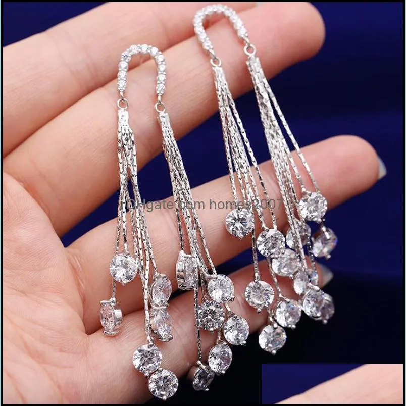 Long Exaggerated Tassel Earrings Women Party Wedding Jewelry Sparkling Clea Rhinestone s925 Silver Earrings free shipping