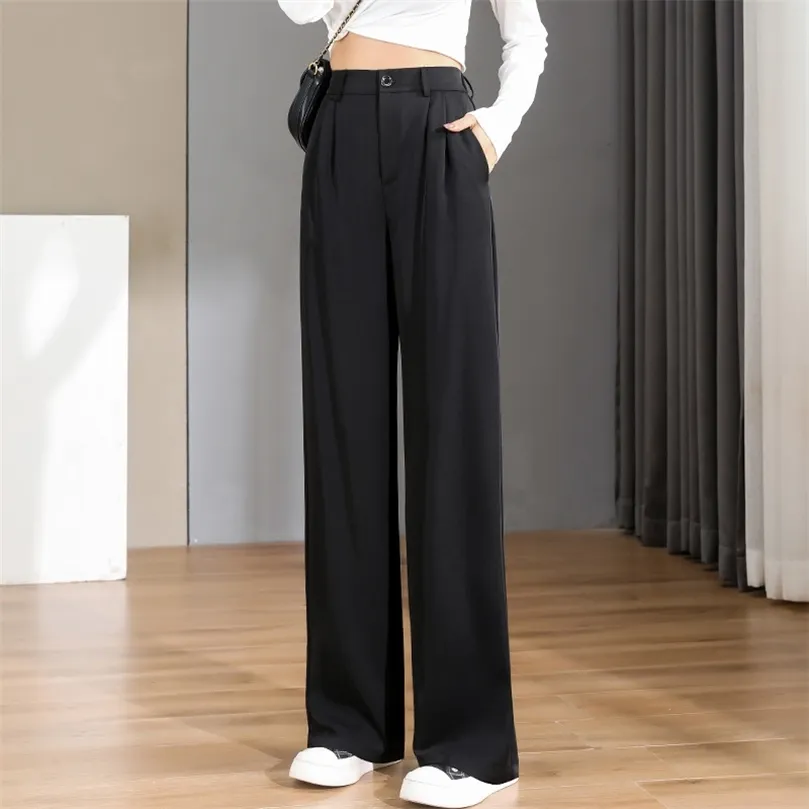 Женщины шикарные офис носить прямые брюки винтажные высокие брюки для хитров Бэкги Корейс -Спрингсммераумна Широкая Нога 220812