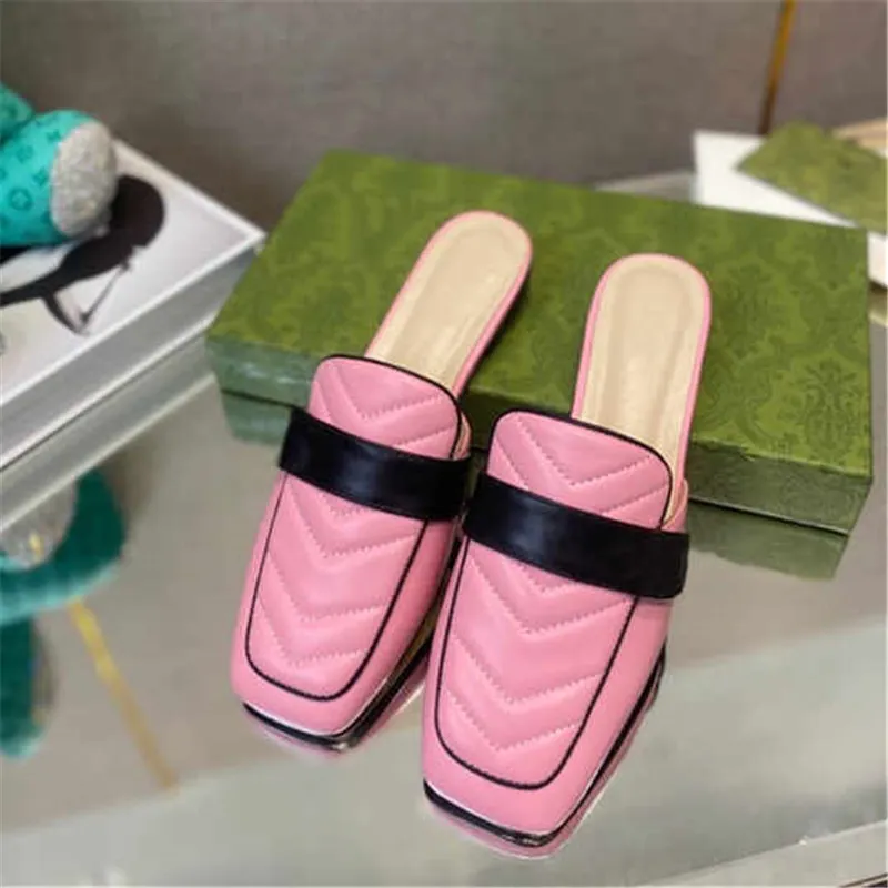 Ladies Fashion Double Button Half Slippers With Geometric Design Calfskin Slippers Casual Flat Slipper Size 35-41