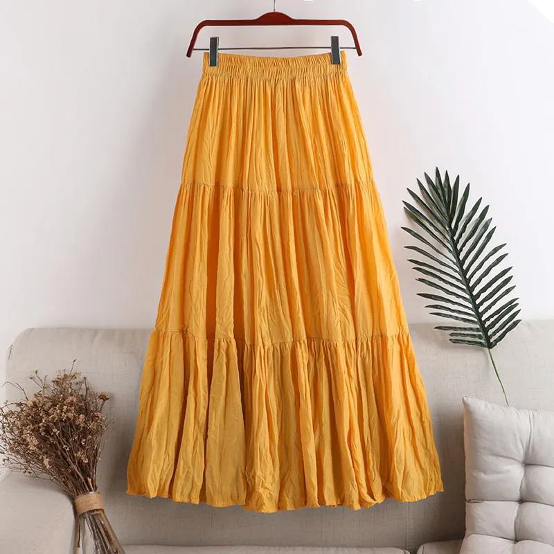 Faldas plisadas Maxi Falda Mujer Primavera Verano elástico cintura alta Vintage sólido largo Mori chica Boho playa Saia Mujer Faldas