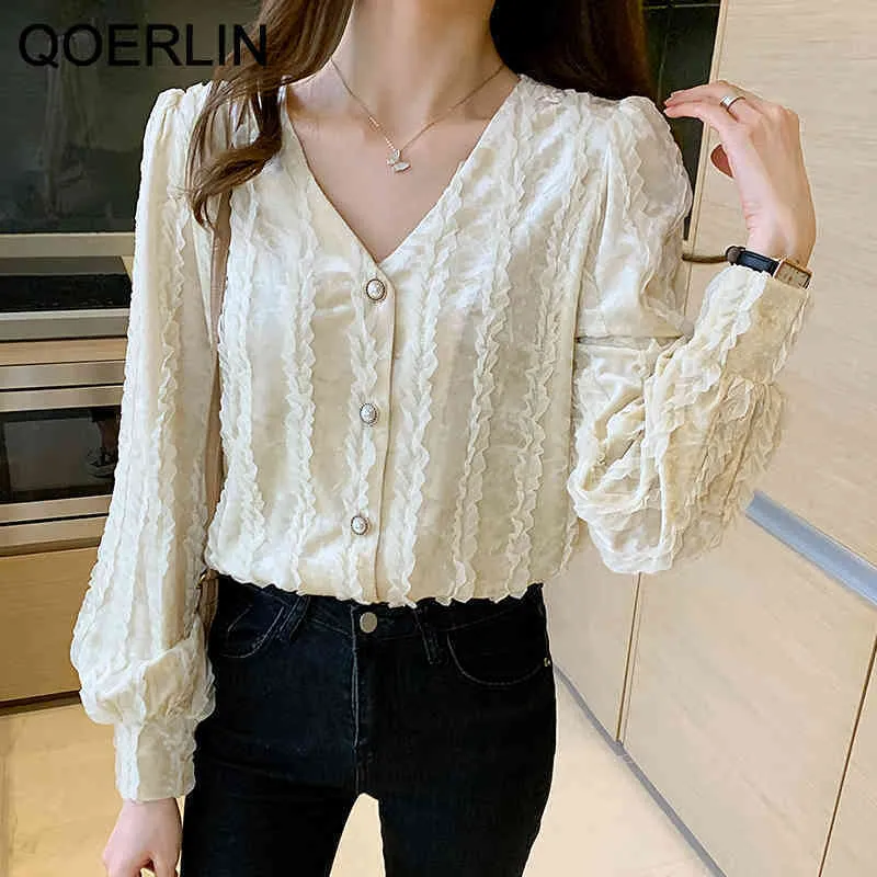 Qoerlin Abrikoos Mesh Geplooide Blouse Vrouwen Koreaanse V Nek losse lantaarn mouw met lange mouwen shirt knop blouse plus maat 210412