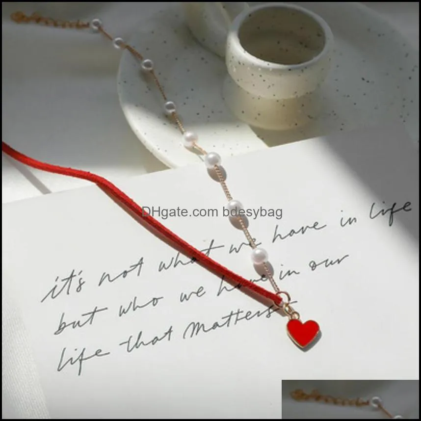 little heart pearl string stitching necklace fashion simple clavicle chain women`s trend net red neck with versatile temperament collar