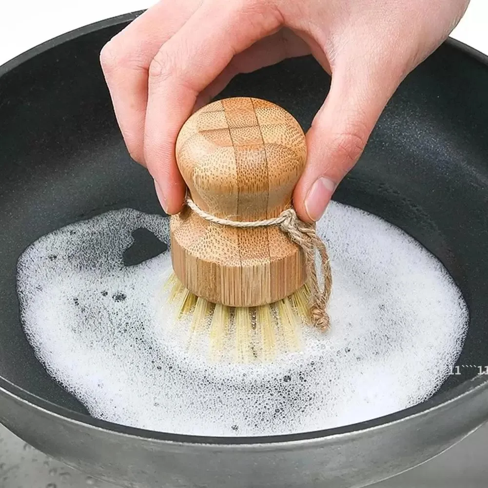 Wooden Bamboo Round Pot Dish Bowl Sink Stove Washing Brush Kitchen Tool Round Handle Easy Use Convenient Cleaning Tools RRB15414