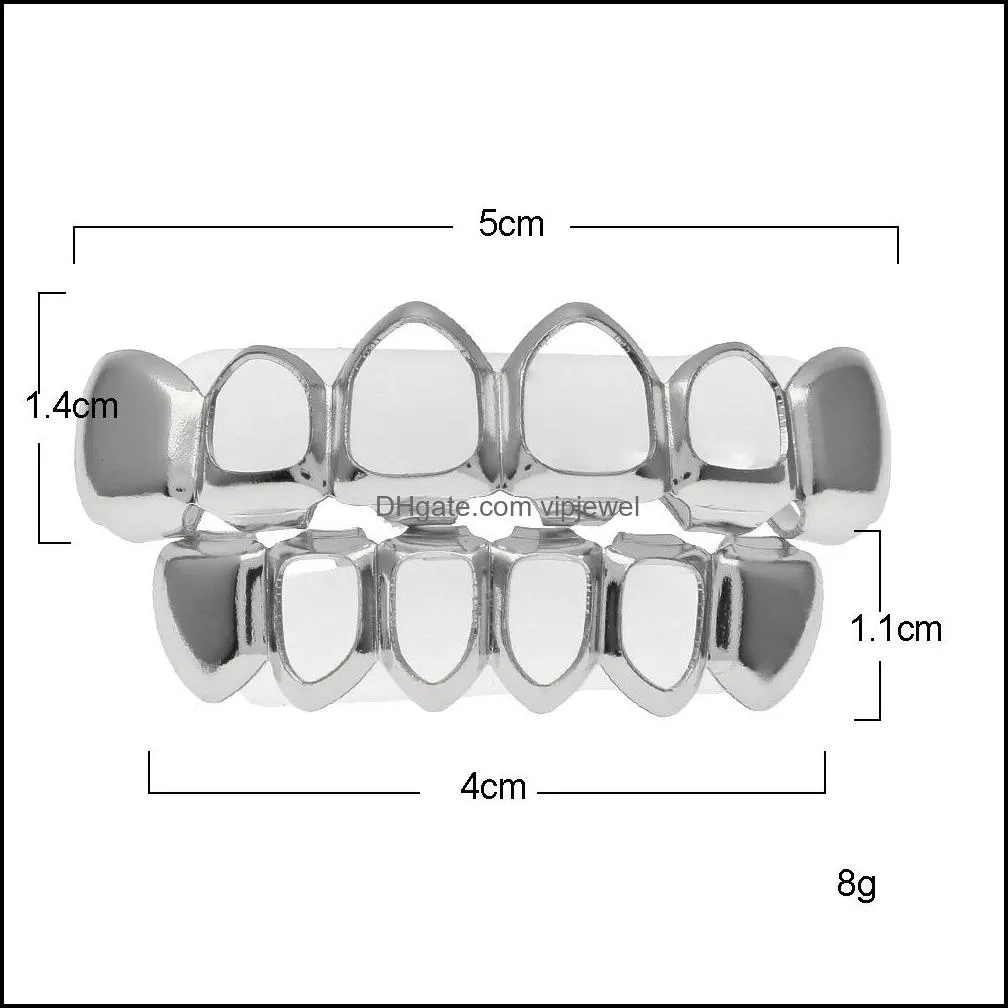 Men`s Hip Hop Teeth Grillz Sets 6 Tops&Bottom Hollow Smooth Gold Silver Dental Grills For women Rock Fashion Body Jewelry accessories