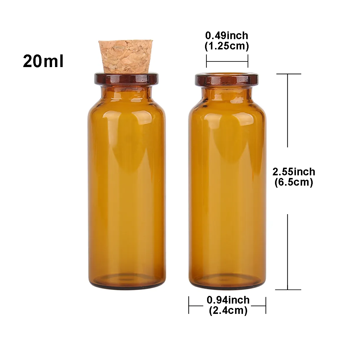 50st 20 ml Amber Glass Potion Bottles Glass Burs Vials Terrarium med korkstopp för DIY -storlek: 24x65x12.5mm
