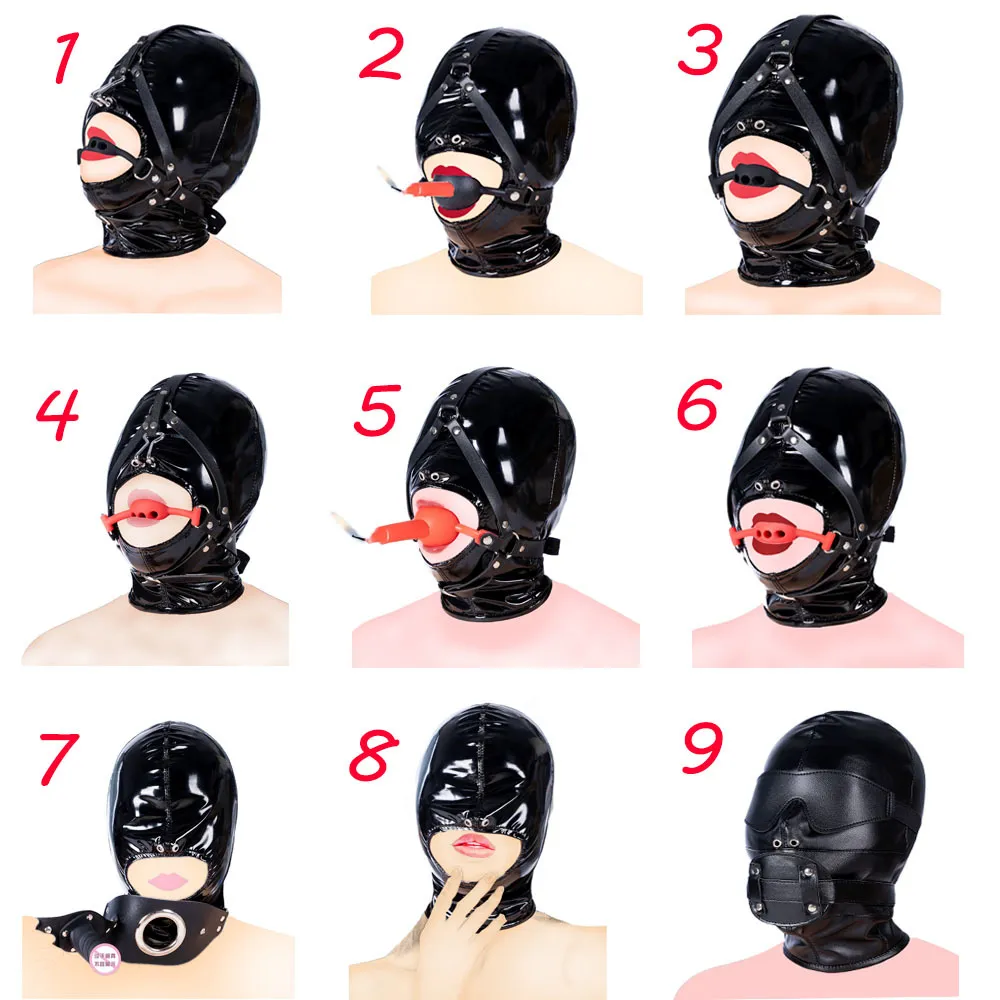 Máscara BDSM para homens Mulheres Couro de couro Strap Dildo Ball Ball Gag Ceghfold Fetish Slave Bondage Erótico Sexy Toy Arness Toys Adult