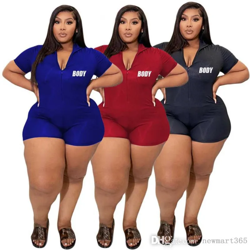 2022 Summer Plus Size L-4XL Women Jumpsuits Solid Letter Print V-neck Short Sleeve Skinny Club Romper Overall Clothing