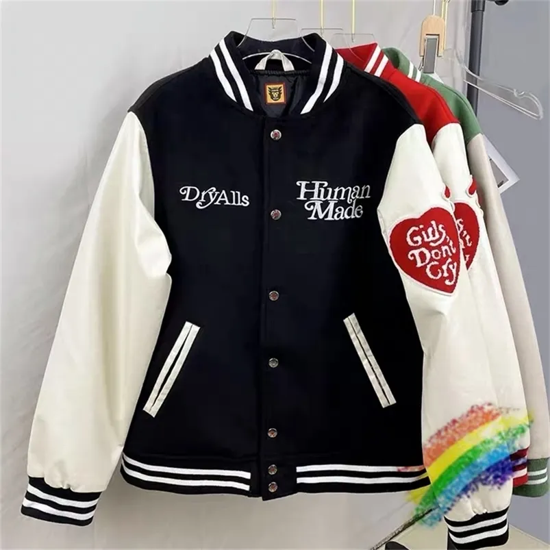 Humano Feito Meninas Não Chore Varsity Jaqueta De Beisebol Homens Mulheres 1/1 Alta Qualidade Patchwork Bomber Jaquetas Outerwear Casacos 220727