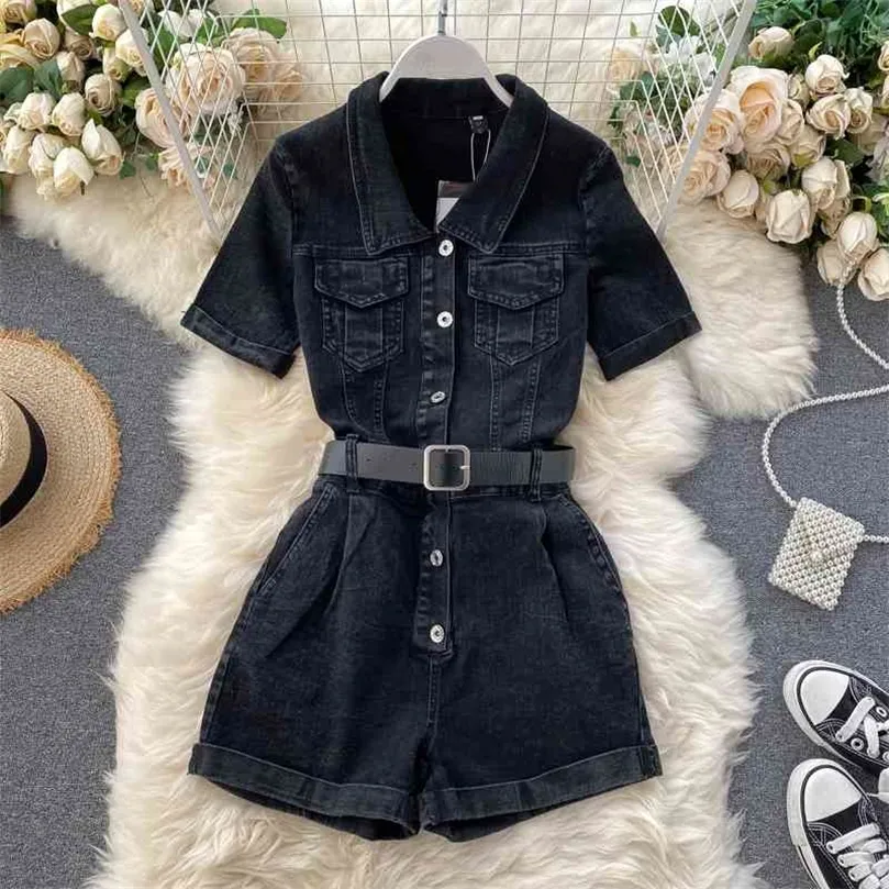 FABPOP Design Kurzarm Umlegekragen Hohe Taille Einreiher Knöpfe Denim Playsuits Strampler mit Gürtel GB346 210709