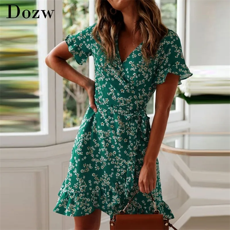 Women Dresses Summer Sexy V Neck Floral Print Boho Beach Ruffle Short Sleeve A Line Mini Wrap Sundress Robe 220629