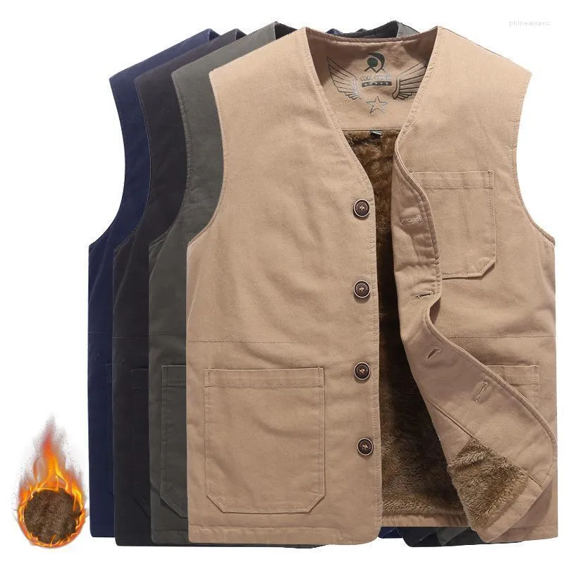 Gilets pour hommes épaissir polaire coupe-vent hiver gilet hommes multi poches printemps automne gilet col en v kaki sans manches veste 8XL Phin