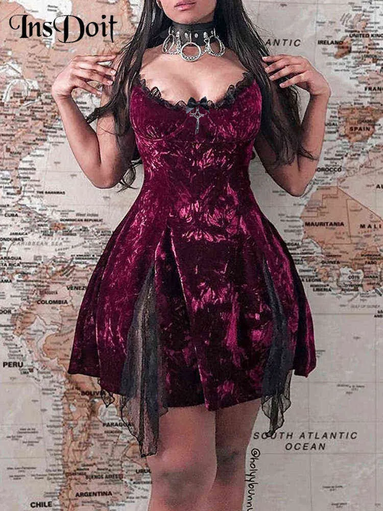 InsDoit Mall Gothic Vintage Velvet Grunge Mini Dresses Women Punk Lace Trim Summer A-Line Dress Y2K Harajuku Elegant Sexy Dress G220414