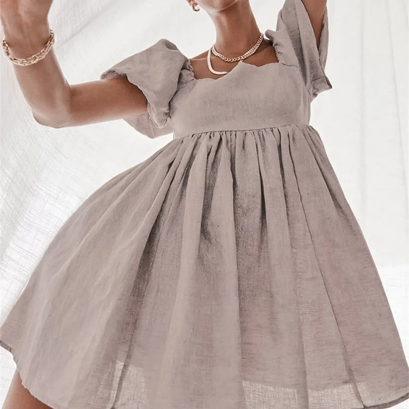 Ootn vintage casual kort klänning sommar kvinnor puff ärm en linje klänningar hög midja kvadrat krage linne damer klänning khaki 220423