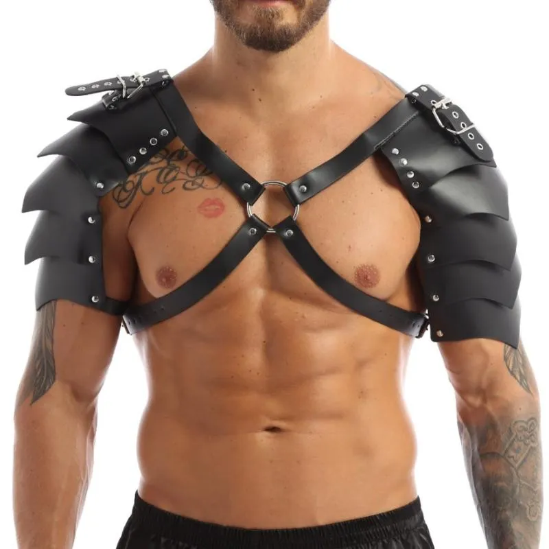 Soutiens-gorge Ensembles Sexy Gothique Hommes Faux Cuir Armure Épaule Tops Poitrine Harnais Bondage Club Lingerie Guerrier Cosplay Réglable Fétiche C297B