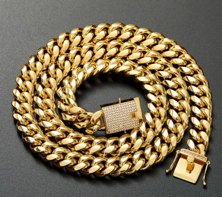 Collier chaîne cubaine de 14mm d'épaisseur, 18 carats, boucle en micro diamant cryptée pour hommes, collier de 56cm