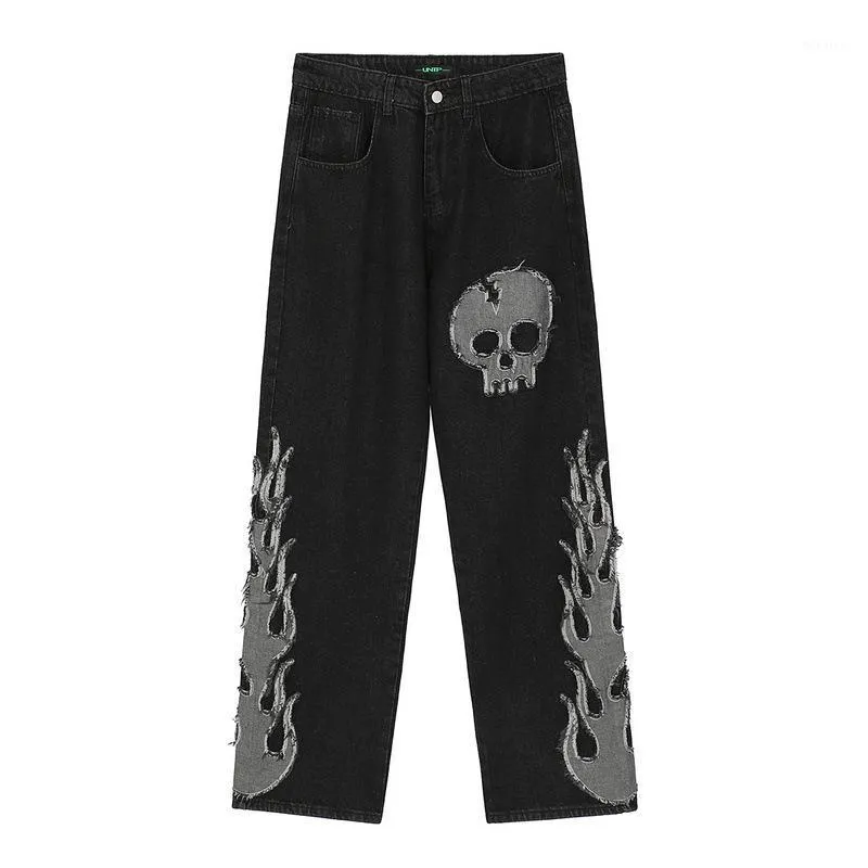 Męskie dżinsy męskie Skull Skull Haftle 2022 Denim Mens Streetwear Hip Hop Harem High Wasit Black Spoders