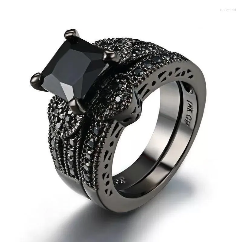 Wedding Rings Fashion Black Crystal Promise Heart Ring for Women 2pc/Set 2 in 1 CZ Zirkon verloving sieraden