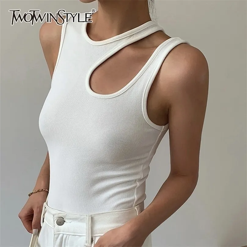 TWOTWINSTYLE Casual White Cut Out Women's T Shirt Round Neck Sleeveless Korean Slim T Shirts Female Clothing Summer Fashion 220408