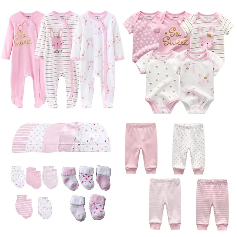 Set di abbigliamento 0-3-6 mesi Nato Ragazza Rosa Set 27 Pezzi Pagliaccetti Tute Pantaloni Cappello Guanti Calzini Neonato Vestiti in cotone Completo Neonato Regalo di nascitaC