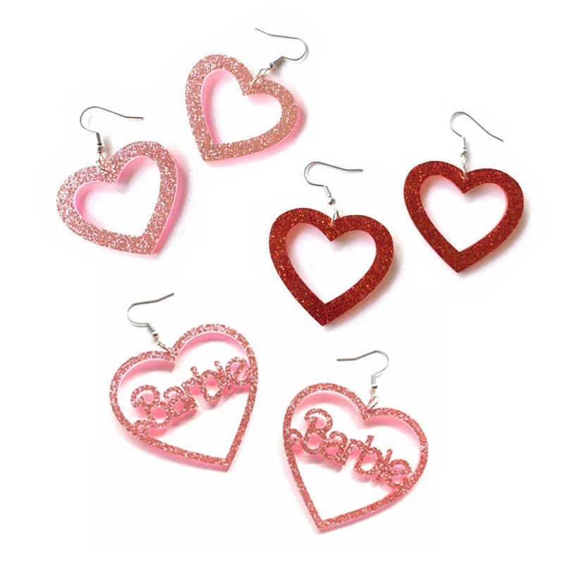 Glitter Pink Acrylic Letter Heart Women's Earrings Shiny Big Geometric Hearts Fashion Valentines Day Gift Woman Earring New