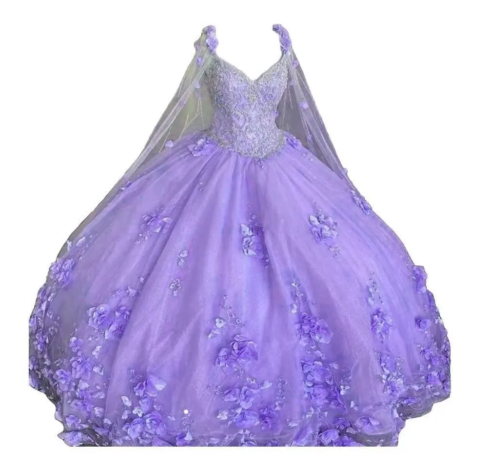 Off ramion Quinceanera Dress Balls Balls 3D Flower Sweet 15 16 Suknia balowa Odłączona Cape Vestidos de 15 Anos BQ06