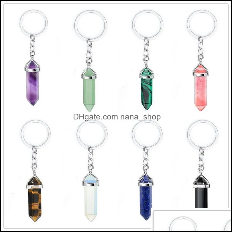 Key Rings Jewelry Natural Stone Hexagonal Prism Keychains Healing Pink Crystal Car Decor Bag Chain Keyholder For Women M Dg0