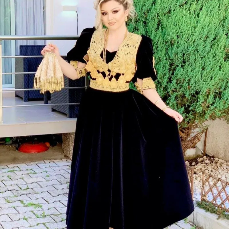 Traditional Kosovo Ankle Length Evening Dresses Half Sleeves Lace Applique Albanian Prom Gowns robe de soiree de mariage 2022
