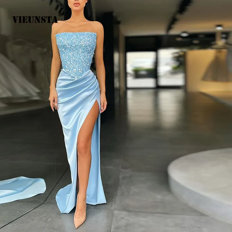 Elegant Blue Prom Dresses Wrap Chest Evening Dress Sexy Womens